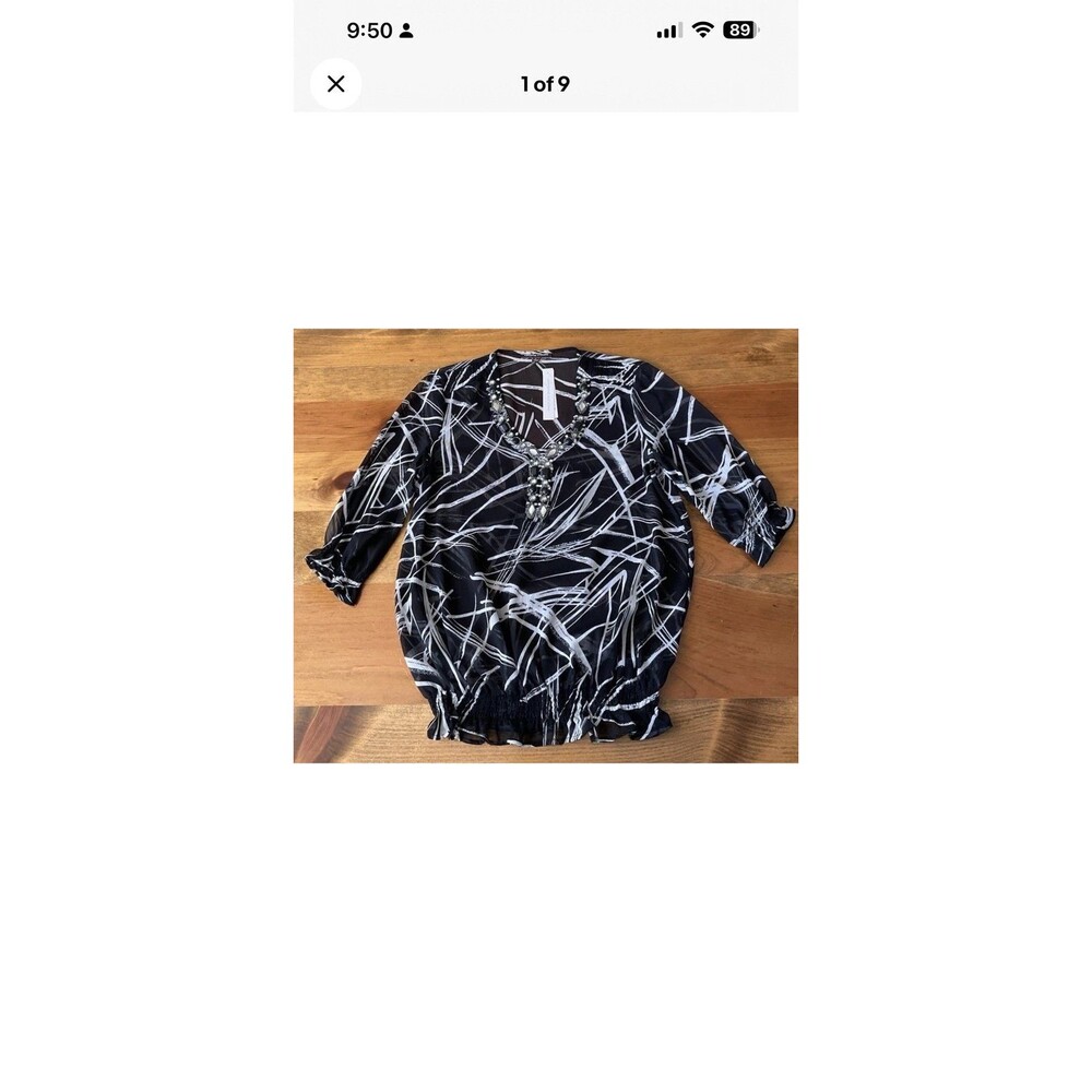 Adrienne Vittadini Womens Size S Blouse Black Jewel V Neck 3/4 Sleeve NWT